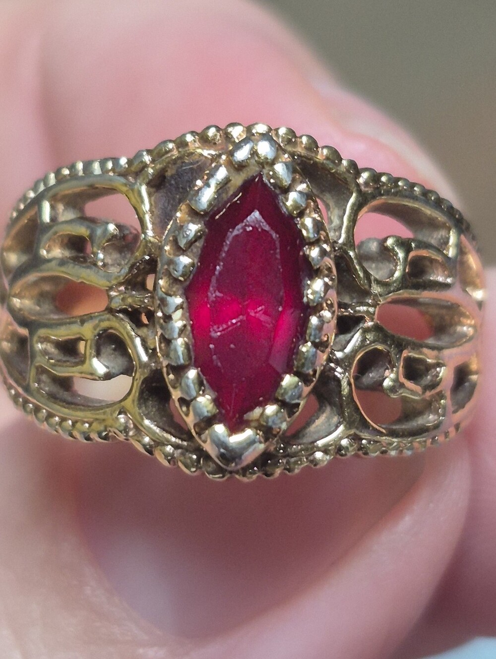 Vintage SETA Ornate Filigree Marquise Red Statement Ring - Size 6